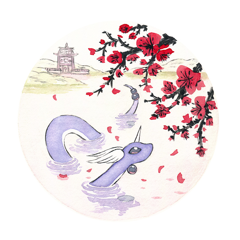 building, cherry_blossoms, commentary, commission, creature, creatures_(company), dragonair, english_commentary