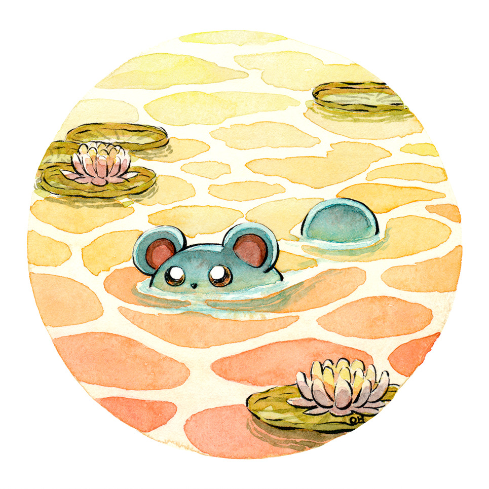 commentary, creature, creatures_(company), english_commentary, flower, game_freak, gen_2_pokemon, lily_pad, marill, nintendo, no_humans, oliver_hamlin, partially_submerged, pink_flower, pokemon, pokemon_(creature), reflection, traditional_media, water, water_lily_flower, watercolor_(medium)
