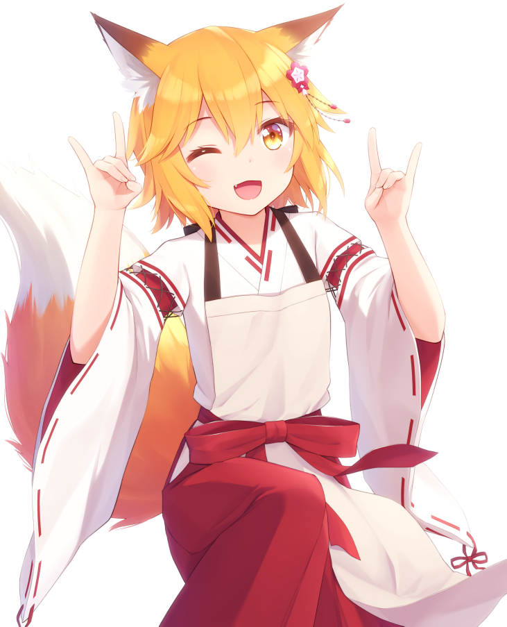 1girl, ;d, animal_ear_fluff, animal_ears, bangs, blonde_hair, blush, brown_eyes, commentary_request, double_fox_shadow_puppet, eyebrows_visible_through_hair, fang, fingernails, flower, fox_ears, fox_girl, fox_shadow_puppet, fox_tail, hair_between_eyes, hair_flower, hair_ornament, hakama, hands_up, haribote_(tarao), japanese_clothes, kimono, long_sleeves, miko, one_eye_closed, open_mouth, red_flower, red_hakama, ribbon-trimmed_sleeves, ribbon_trim, senko_(sewayaki_kitsune_no_senko-san), sewayaki_kitsune_no_senko-san, simple_background, smile, solo, tail, tail_raised, white_background, white_kimono, wide_sleeves
