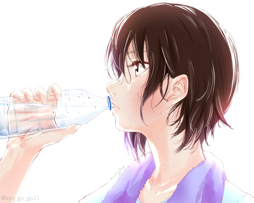 1girl, bangs, bottle, brown_eyes, brown_hair, commentary, drinking, from_side, girls_und_panzer, highres, holding, holding_bottle, lips, nishizumi_maho, oze_(xyz_go_go11), portrait, purple_towel, shirt, short_hair, solo, sweat, t-shirt, towel, towel_around_neck, water_bottle, white_shirt