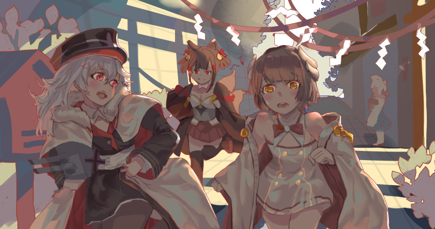 3girls, absurdres, akagi-chan_(azur_lane), animal_ears, azur_lane, bare_shoulders, bell, brown_hair
