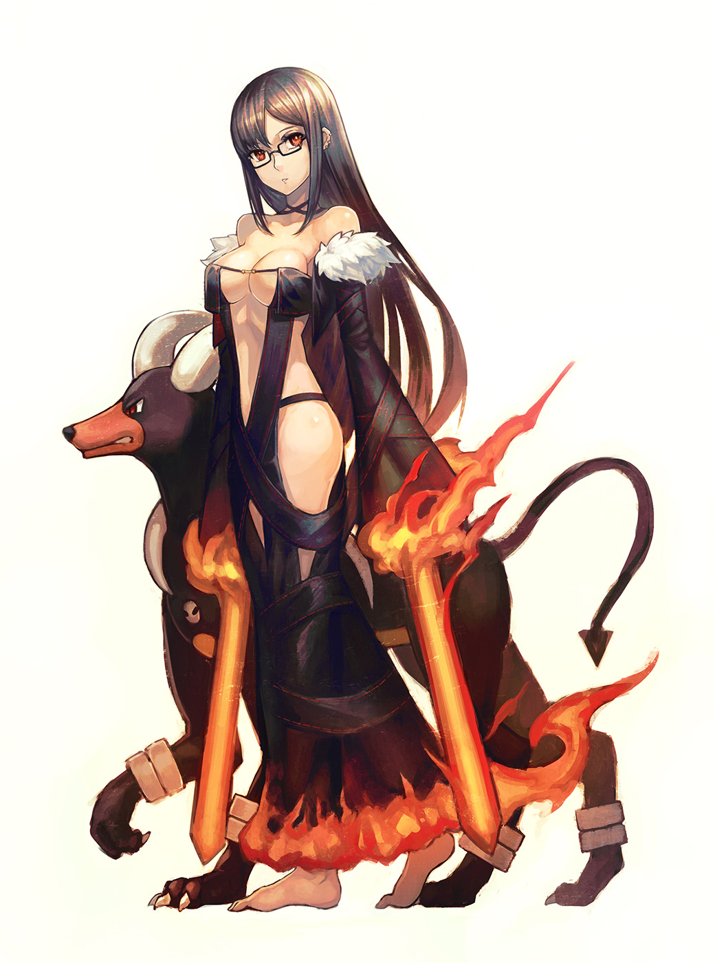 1girl, a-er_(akkij0358), bare_shoulders, barefoot, black-framed_eyewear, black_dress, breasts, cleavage, consort_yu_(fate), creatures_(company), crossover, dog, dress, ear_piercing, fate/grand_order, fate_(series), fire, flame, fur_trim, game_freak, gen_2_pokemon, glasses, highres, horns, houndoom, long_hair, medium_breasts, midriff, navel, nintendo, piercing, pokemon, pokemon_(game), revealing_clothes, strapless, strapless_dress, very_long_hair