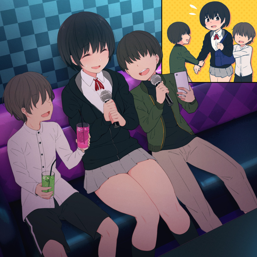 age_difference, black_hair, cellphone, closed_eyes, cup, drinking_glass, highres, jacket, karaoke_box, kemuri_haku, microphone, open_mouth, original, phone, pleated_skirt, school_uniform, short_hair, shota, sitting, skirt, smartphone, thighs