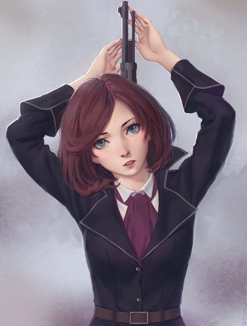 1girl, arms_up, bangs, belt, blue_eyes, brown_hair, fairy_gone, grey_background, gun, highres, lips, looking_at_viewer, marlya_noel, miura-n315, parted_lips, short_hair, solo, swept_bangs, uniform, upper_body, weapon