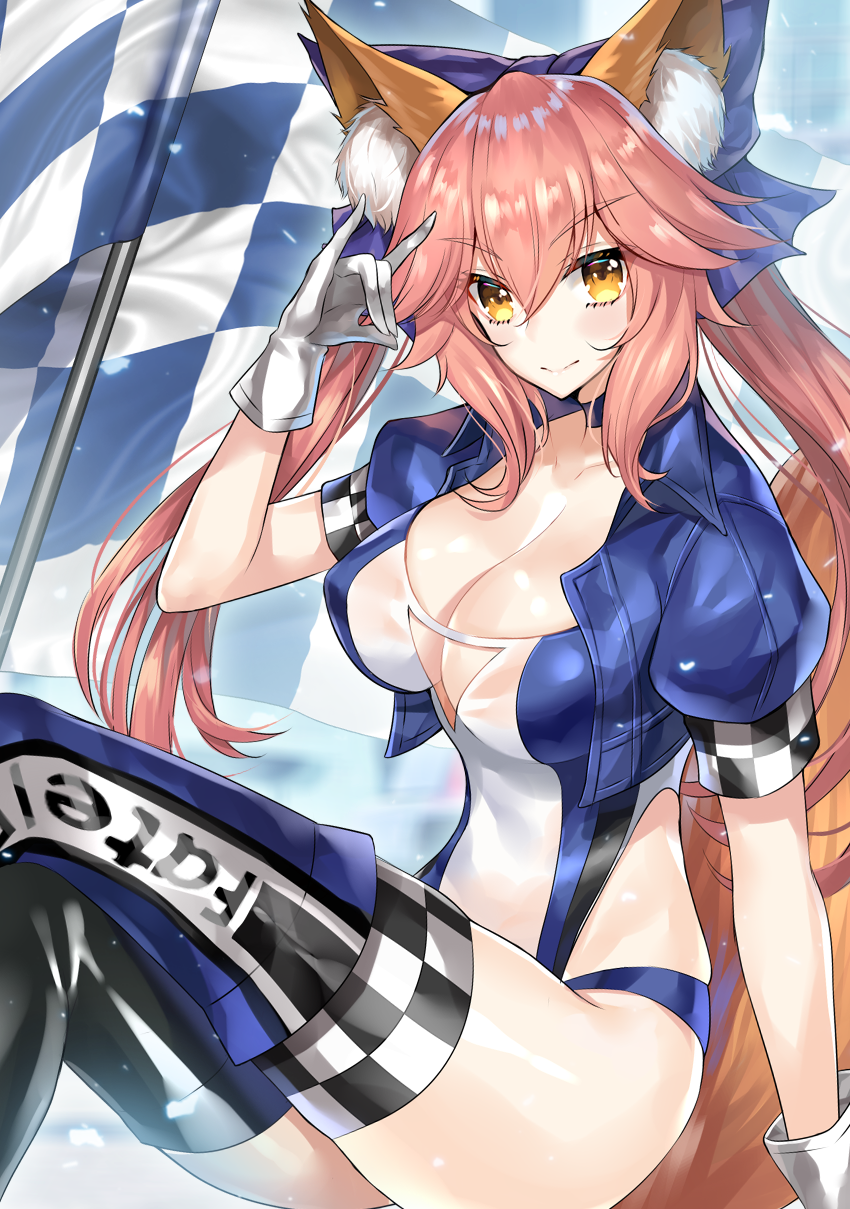 1girl, animal_ear_fluff, animal_ears, bangs, blush, boots, bow, breasts, checkered, cleavage, closed_mouth, cropped_jacket, ero_waifu, fate/extra, fate_(series), flag, fox_ears, fox_girl, fox_shadow_puppet, fox_tail, gloves, hair_between_eyes, hair_bow, highleg, highleg_leotard, highres, large_breasts, leotard, long_hair, looking_at_viewer, pink_hair, racequeen, short_sleeves, sidelocks, smile, solo, tail, tamamo_(fate)_(all), tamamo_no_mae_(fate), thigh-highs, thigh_boots, thighs, twintails, white_gloves, yellow_eyes