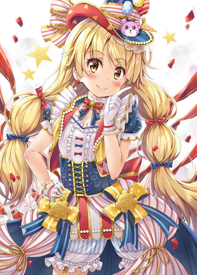 1girl, balloon, bang_dream!, blonde_hair, bloomers, blue_bow, blue_neckwear, blush