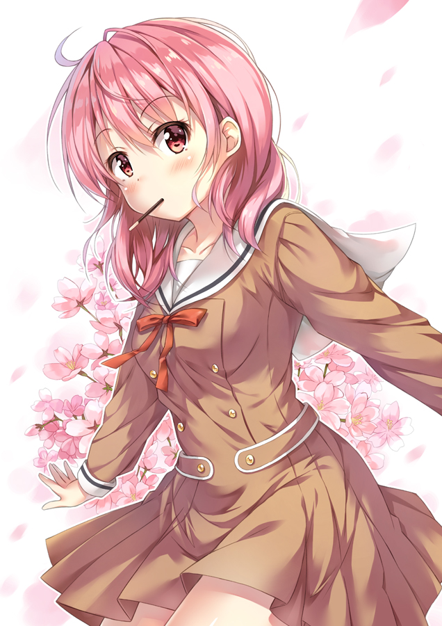 1girl, ahoge, bang_dream!, bangs, blush, brown_dress, cherry_blossoms, commentary_request