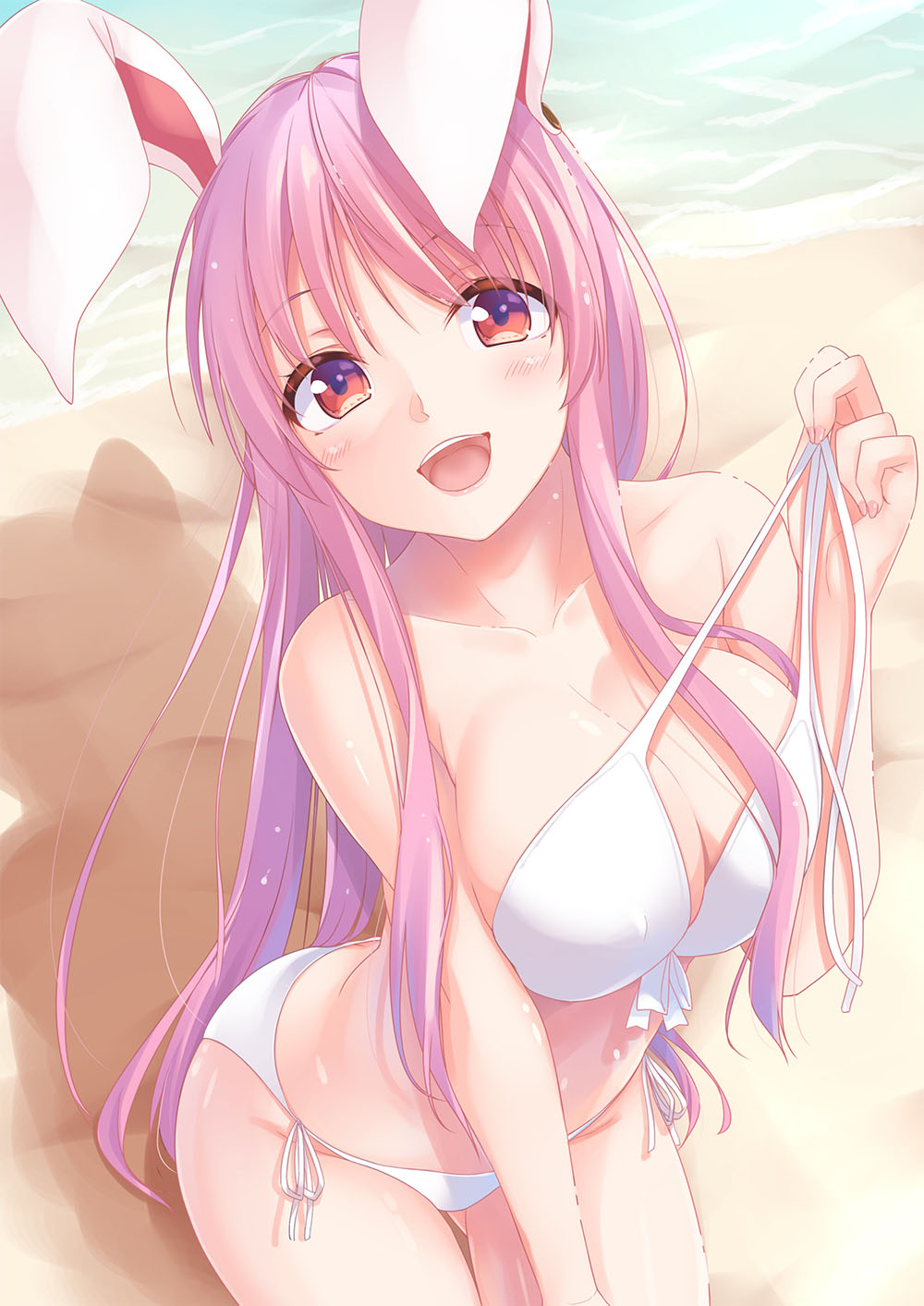 1girl, :d, animal_ears, bangs, bare_arms, bare_shoulders, beach, bikini, bikini_pull, blush, breasts, collarbone, commentary_request, cowboy_shot, eyebrows_visible_through_hair, front-tie_bikini, front-tie_top, gluteal_fold, hand_up, head_tilt, highres, kue, large_breasts, long_hair, looking_at_viewer, open_mouth, outdoors, purple_hair, rabbit_ears, red_eyes, reisen_udongein_inaba, shadow, side-tie_bikini, sidelocks, sitting, smile, solo, stomach, swimsuit, thighs, touhou, very_long_hair, water, white_bikini