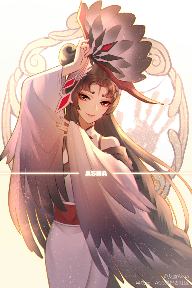 1girl, bangs, black_eyes, black_hair, chinese_clothes, chinese_commentary, commentary_request, feather_fan, identity_tusu, identity_v, lips, long_hair, looking_at_viewer, parted_bangs, smile, tagme, watermark, wide_sleeves, wings