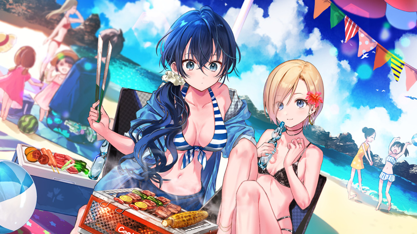 6+girls, akinashi_koto, anklet, ball, bangs, barbecue, beach, beachball