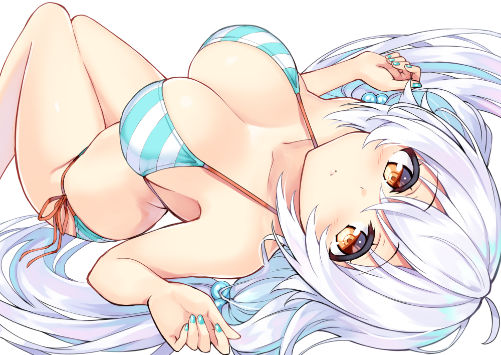 1girl, bangs, bare_arms, bare_shoulders, bikini, blue_nails, blush, breasts, brown_eyes, cleavage, closed_mouth, collarbone, commentary_request, cu-no, dutch_angle, eyebrows_visible_through_hair, fingernails, hair_between_eyes, hair_bobbles, hair_ornament, hands_up, hisenkaede, knees_up, large_breasts, long_hair, looking_at_viewer, low_twintails, lying, nail_polish, on_back, rapua_qive, side-tie_bikini, silver_hair, simple_background, solo, striped, striped_bikini, swimsuit, twintails, very_long_hair, white_background