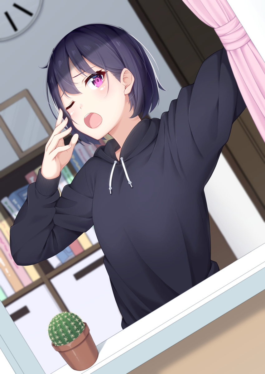 1girl, ;o, absurdres, black_hair, black_sweater, cactus, clock, curtains