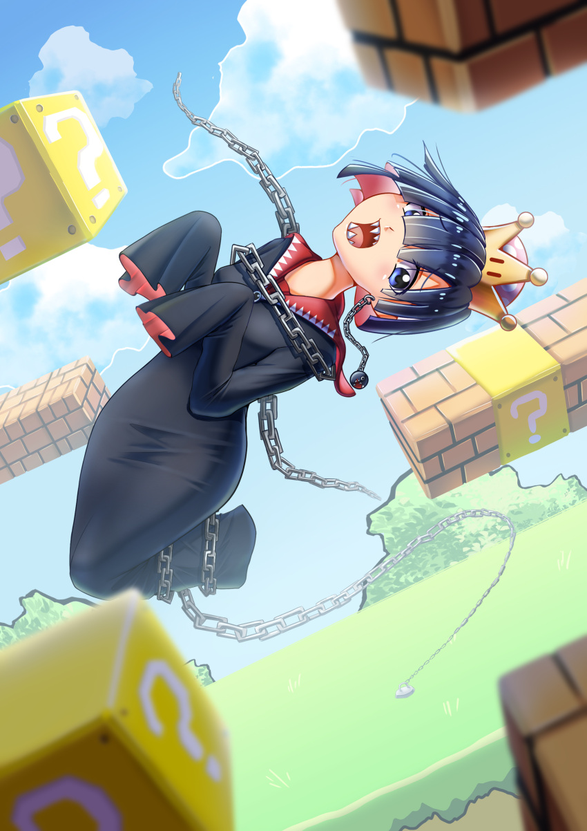 1girl, ?_block, absurdres, bangs, black_dress, black_hair, blue_eyes, blue_sky, blunt_bangs, bound, brick, chain_chomp, chains, clouds, dress, earrings, highres, jewelry, jumping, long_sleeves, looking_at_viewer, super_mario_bros., nintendo, open_mouth, personification, princess_chain_chomp, sharp_teeth, sinyamato96, sky, super_crown, teeth, tied_up