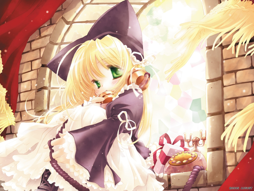 augustic_pieces, blonde_hair, green_eyes, hat, hat_with_ears, highres, wreathlit_noel, yoake_mae_yori_ruri_iro_na