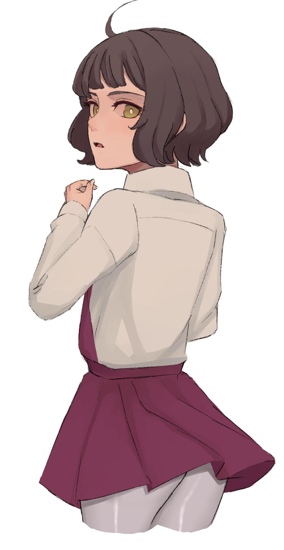 1girl, ahoge, ass, bangs, blunt_bangs, brown_eyes, brown_hair, cowboy_shot