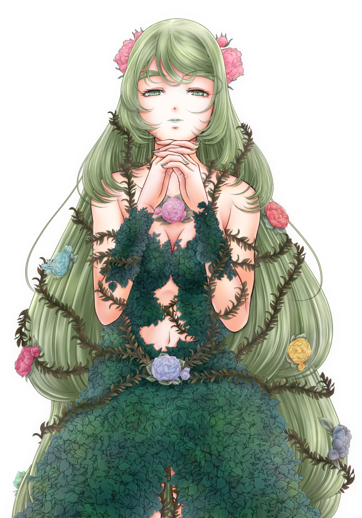 1girl, breasts, cleavage, commission, dress, flower, green_dress, green_eyes, green_hair, green_nails, hair_flower, hair_ornament, hands_together, i-mixs, long_hair, looking_at_viewer, medium_breasts, nail_polish, navel, navel_cutout, original, solo, standing, thick_eyebrows