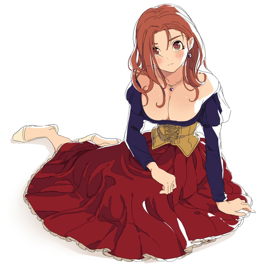 1girl, arm_support, bare_shoulders, blush, breasts, brown_eyes, brown_hair, cleavage