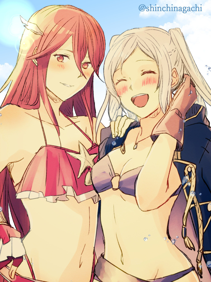 2girls, absurdres, bikini, blue_sky, blush, breasts, brown_gloves, cleavage, closed_eyes, clouds, cute, day, female_my_unit_(fire_emblem:_kakusei), fire_emblem, fire_emblem:_kakusei, fire_emblem_heroes, gloves, hair_ornament, highres, intelligent_systems, long_hair, looking_at_viewer, medium_breasts, multiple_girls, my_unit_(fire_emblem:_kakusei), navel, nintendo, nishimura_(nianiamu), o-ring, o-ring_bikini, open_mouth, parted_lips, purple_bikini, red_bikini, red_eyes, redhead, reflet, sky, small_breasts, smile, swimsuit, cordelia_(fire_emblem), twintails, twitter_username, upper_body, white_hair