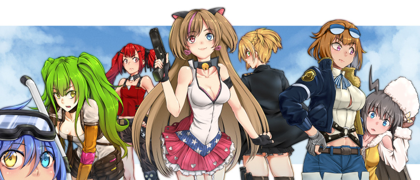 6+girls, ahoge, animal_ears, ass, asymmetrical_clothes, bangs, bare_shoulders, bell