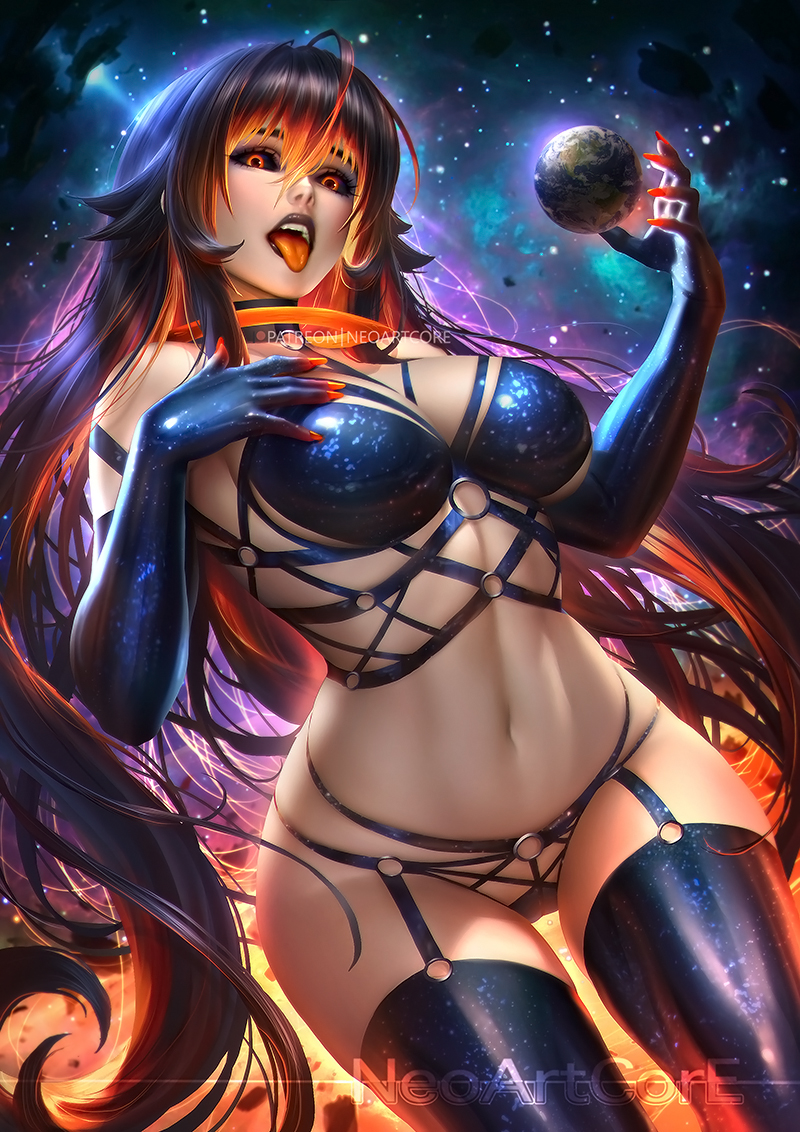 1girl, bangs, black_gloves, black_hair, black_legwear, black_lips, black_sclera, blackhole-chan, breasts, commentary, earth, elbow_gloves, english_commentary, garter_straps, gloves, gradient_hair, hair_between_eyes, large_breasts, long_hair, looking_at_viewer, m87_black_hole, multicolored_hair, navel, nudtawut_thongmai, open_mouth, orange_eyes, orange_hair, original, personification, solo, space, thigh-highs, thigh_gap, tongue, tongue_out