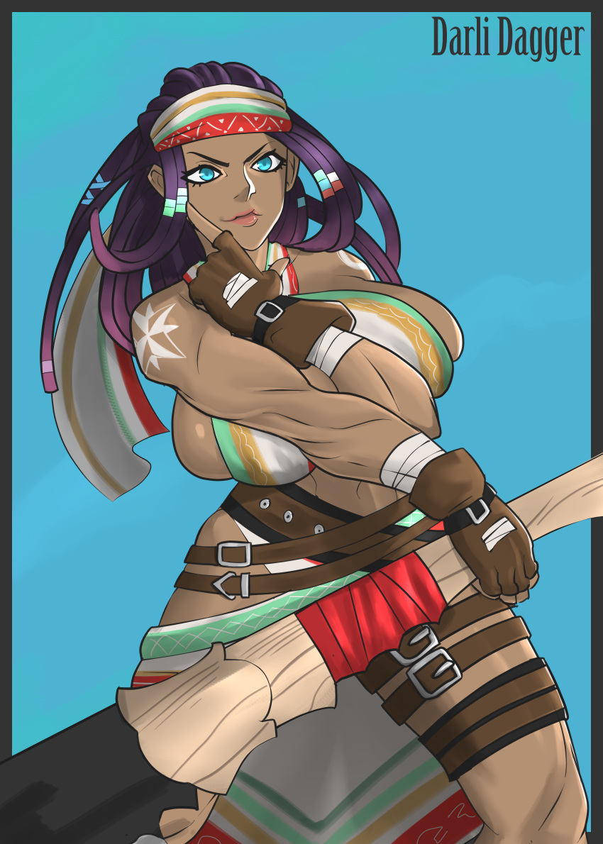 1girl, absurdres, bandage, bandaged_arm, bandages, bandanna, bare_shoulders, beads, belt, blue_eyes, breasts, brown_gloves, criss-cross_halter, crossed_arms, dark_skin, darli_dagger, eyeliner, fingerless_gloves, gloves, hair_beads, hair_ornament, hair_tubes, hairlocs, halterneck, headband, highres, huge_breasts, huge_filesize, huge_weapon, kurimug6, lips, long_hair, makeup, multiple_belts, navel, purple_hair, samurai_spirits, shoulder_tattoo, sideboob, tattoo, thigh_strap, weapon