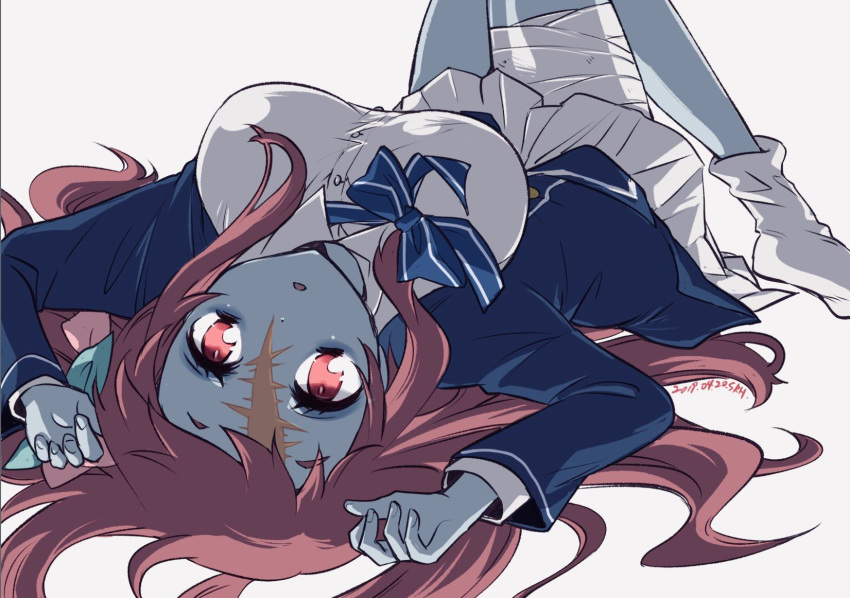 1girl, bandage, blue_skin, bow, bowtie, breasts, commentary_request, forehead_scar
