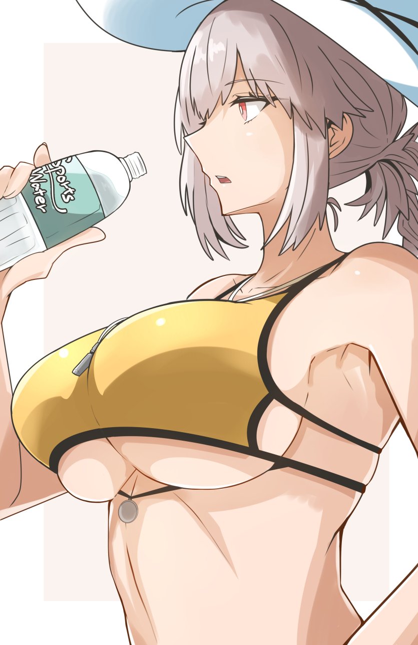 1girl, armpits, bottle, braid, breasts, chaldea_lifesavers, fate/grand_order, fate_(series)