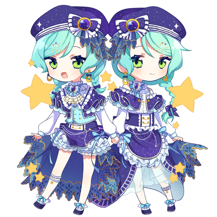 2girls, :d, alternate_hairstyle, aqua_hair, ascot, bang_dream!, beret, blue_bow