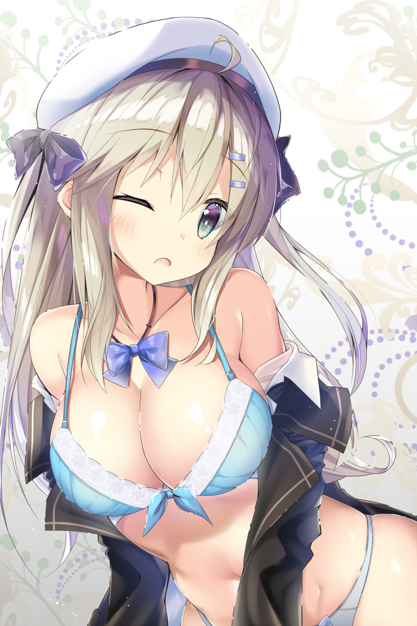 1girl, ;o, ahoge, aqua_eyes, bare_shoulders, beret, black_shirt, blonde_hair