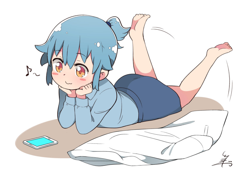 1girl, bangs, barefoot, blue_hair, blue_shirt, blue_skirt, blush, cellphone