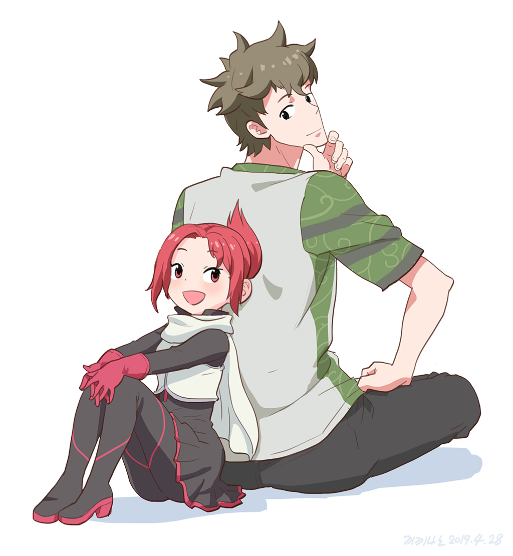 1boy, 1girl, :d, age_difference, back-to-back, black_eyes, black_footwear, black_pants, boots, brown_hair, commentary, dated, eyebrows_visible_through_hair, folded_ponytail, gloves, height_difference, high_heel_boots, high_heels, kemurikusa, long_sleeves, looking_back, namesake, open_mouth, pants, parody, ponytail, red_eyes, red_gloves, redhead, rin_(kemurikusa), roonhee, scarf, shirt, short_hair, simple_background, sitting, smile, t-shirt, usagi_drop, vest, wakaba_(kemurikusa), white_background, white_scarf, white_vest