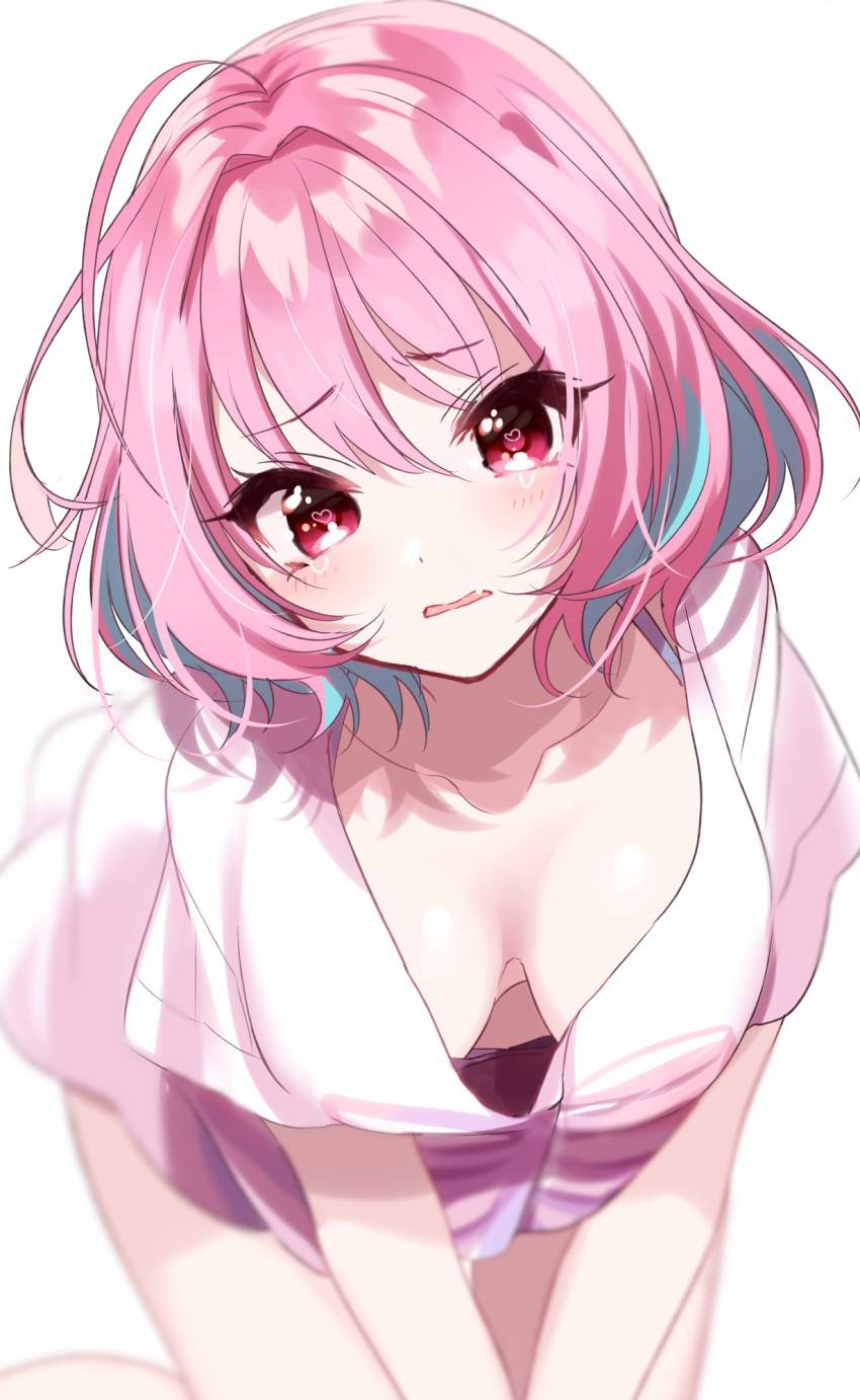 1girl, ahoge, all_fours, bangs, blue_hair, blurry, blurry_background, blush, breasts, breasts_apart, collarbone, depth_of_field, downblouse, eyebrows_visible_through_hair, fang, hair_between_eyes, head_tilt, heart, heart-shaped_pupils, highres, idolmaster, idolmaster_cinderella_girls, looking_at_viewer, medium_breasts, misumi_(macaroni), multicolored_hair, open_mouth, parted_lips, pink_eyes, pink_hair, print_shirt, red_eyes, shirt, short_hair, short_sleeves, simple_background, skeleton_print, solo, symbol-shaped_pupils, t-shirt, tears, two-tone_hair, white_background, white_shirt, yumemi_riamu