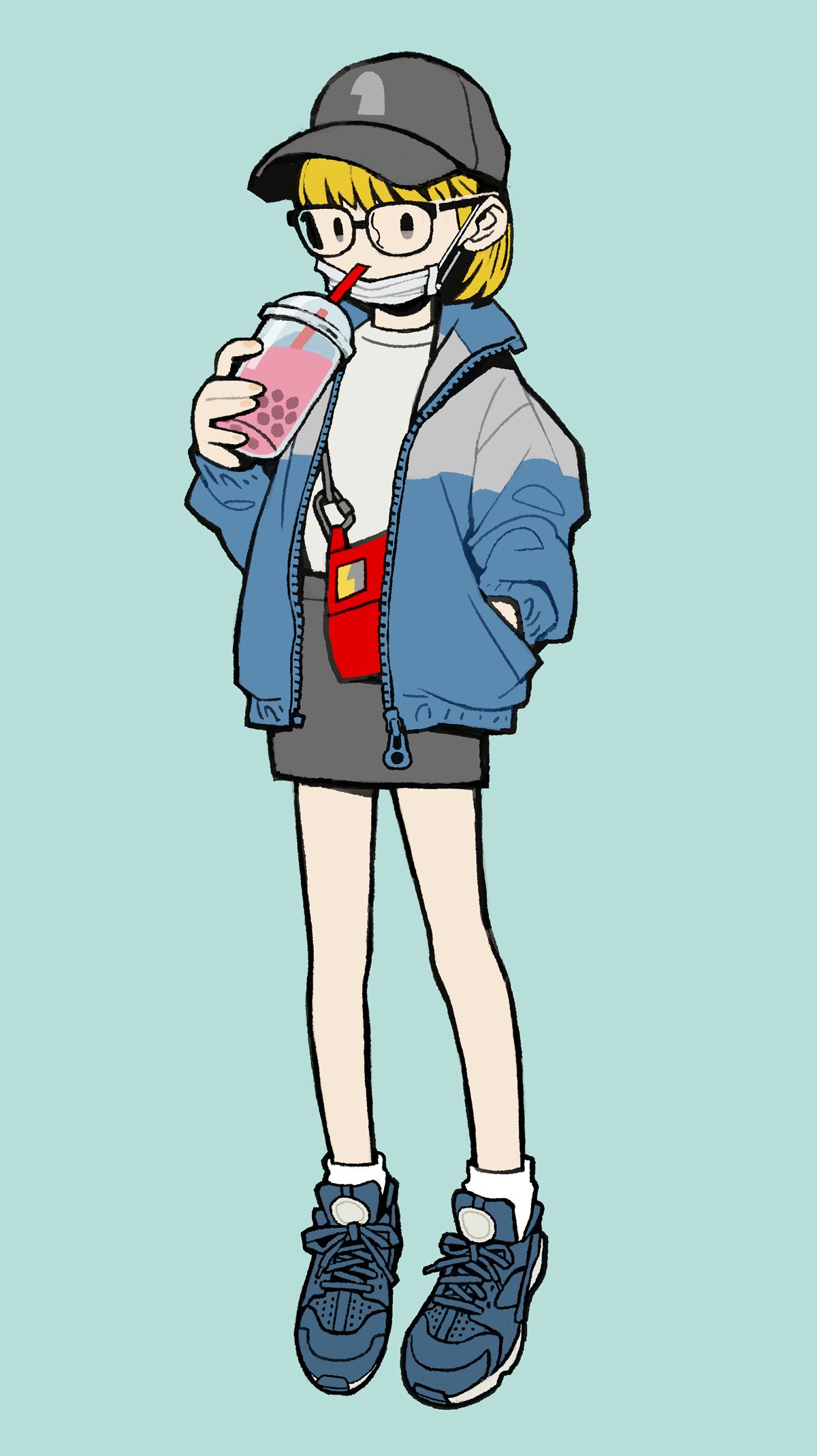 1girl, bag, bangs, baseball_cap, blonde_hair, blue_footwear, bubble_tea, cup
