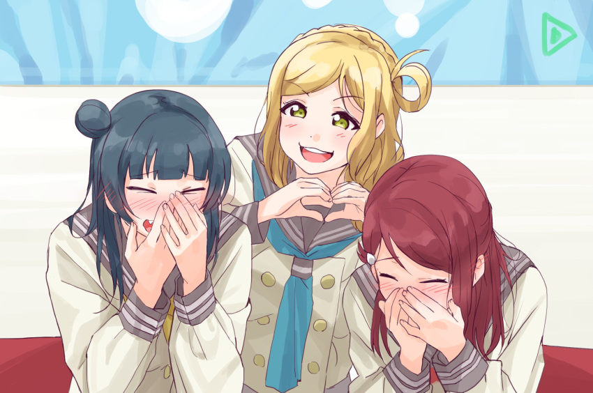 3girls, aida_rikako, ascii_media_works, banner, black_hair, blonde_hair, blush, bushiroad