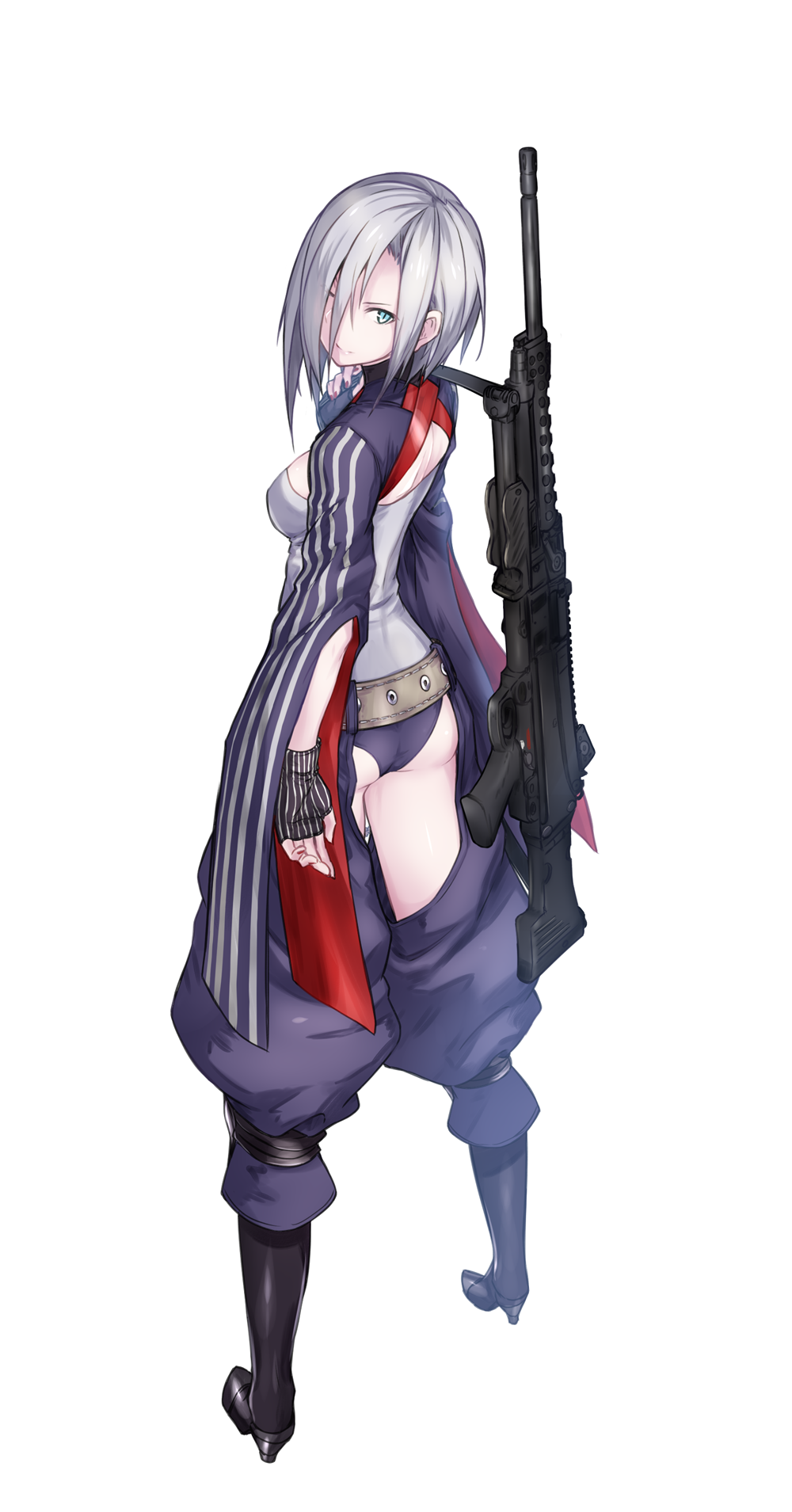 1girl, ass, back, baggy_pants, belt, blue_eyes, boots, breasts, fingerless_gloves, full_body, girls_frontline, gloves, gun, h&amp;k_mg5, hair_over_one_eye, heckler_&amp;_koch, high_heels, highres, hip_vent, kazana_(sakuto), long_hair, long_sleeves, looking_at_viewer, mg5_(girls_frontline), one_eye_closed, pants, silver_hair, simple_background, slit_pupils, solo, weapon, white_background