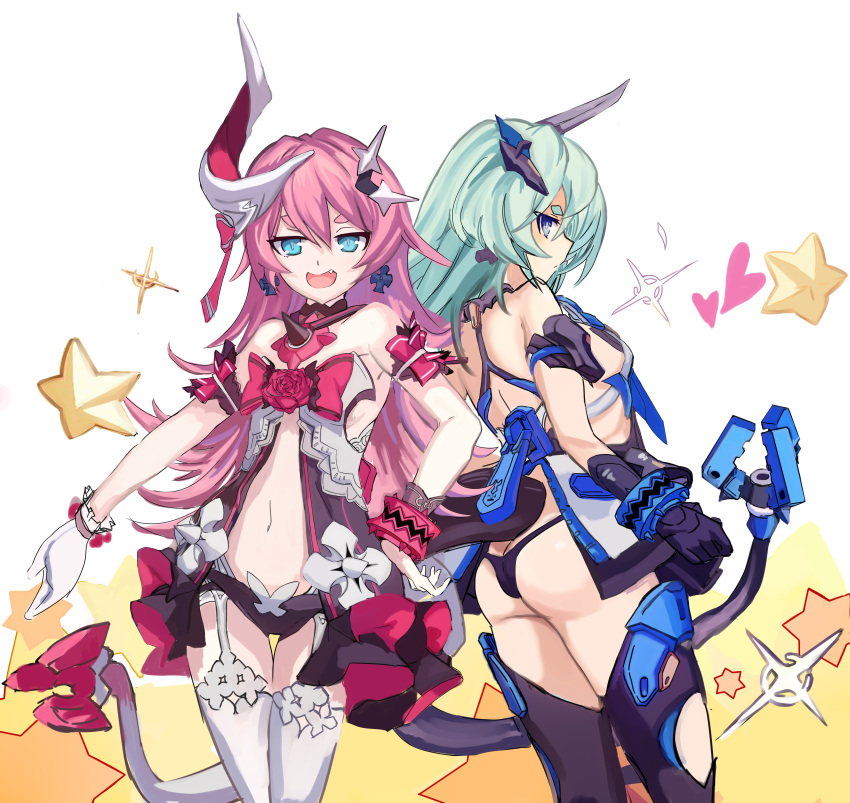 2girls, absurdres, aqua_hair, ass, bare_shoulders, black_gloves, black_panties, blue_eyes