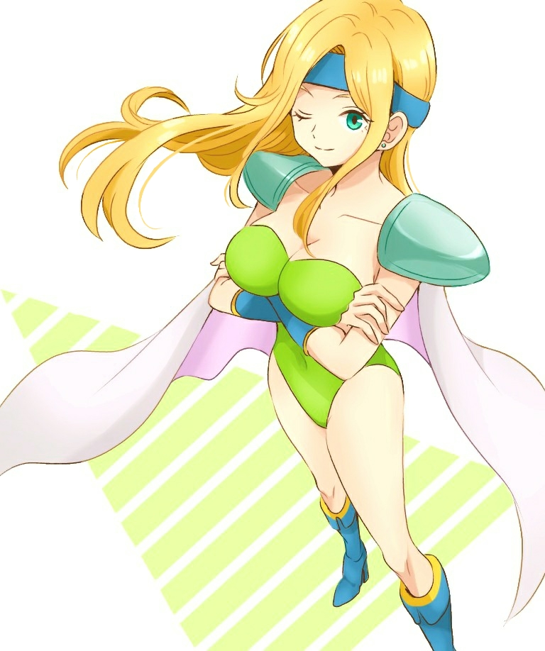 1girl, ;), aqua_eyes, blonde_hair, blue_footwear, blue_headband, boots, bracer, breast_hold, breasts, cape, celes_chere, cleavage, closed_mouth, collarbone, covered_navel, crossed_arms, earrings, final_fantasy, final_fantasy_vi, green_leotard, headband, high_heel_boots, high_heels, highleg, highleg_leotard, ichi_(pixiv6373491), jewelry, large_breasts, leotard, long_hair, looking_at_viewer, one_eye_closed, pauldrons, smile, solo, standing, straight_hair, white_cape