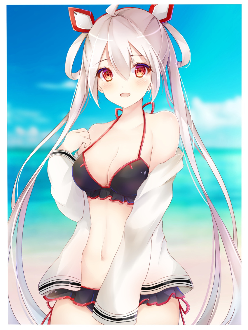 1girl, bangs, beach, bikini, black_bikini, blue_sky, blush, breasts
