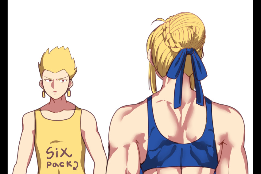 1boy, 1girl, ahoge, artoria_pendragon_(all), blonde_hair, blue_ribbon, braid, clothes_writing