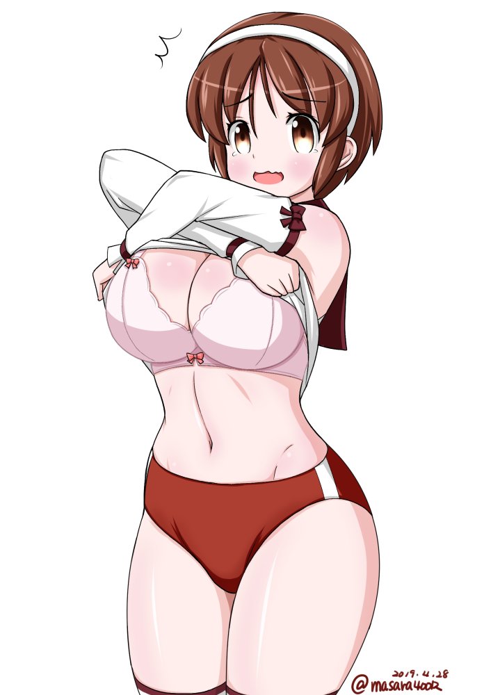 1girl, bra, breasts, brown_eyes, brown_hair, buruma, cleavage, commentary_request