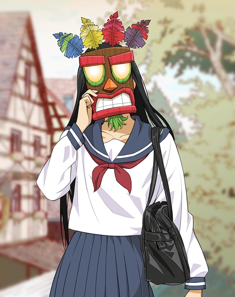 1girl, aku_aku, bag, black_bag, black_hair, blue_skirt, blurry, blurry_background