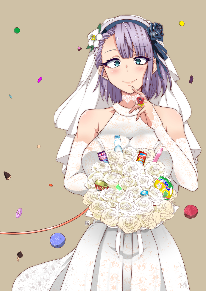 1girl, aoi_manabu, bare_shoulders, blue_eyes, blush, bouquet, breasts, bridal_veil, brown_background, candy, candy_ring, chocolate, dagashi_kashi, dress, elbow_gloves, flower, food, gloves, kinoko_no_yama, large_breasts, looking_at_viewer, purple_hair, shidare_hotaru, short_hair, simple_background, smile, solo, veil, wedding_dress, white_gloves