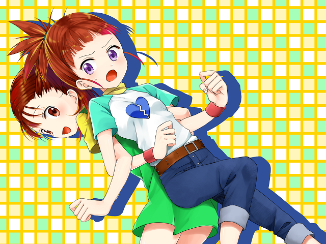 2girls, belt, blush, breasts, broken_heart_print, brown_eyes, brown_hair, commentary_request