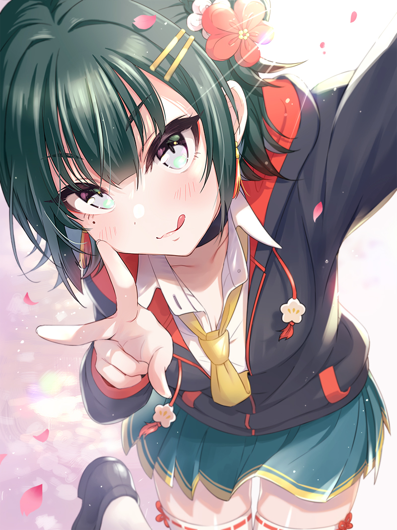 1girl, :q, commentary_request, flower, green_hair, green_skirt, hair_flower, hair_ornament