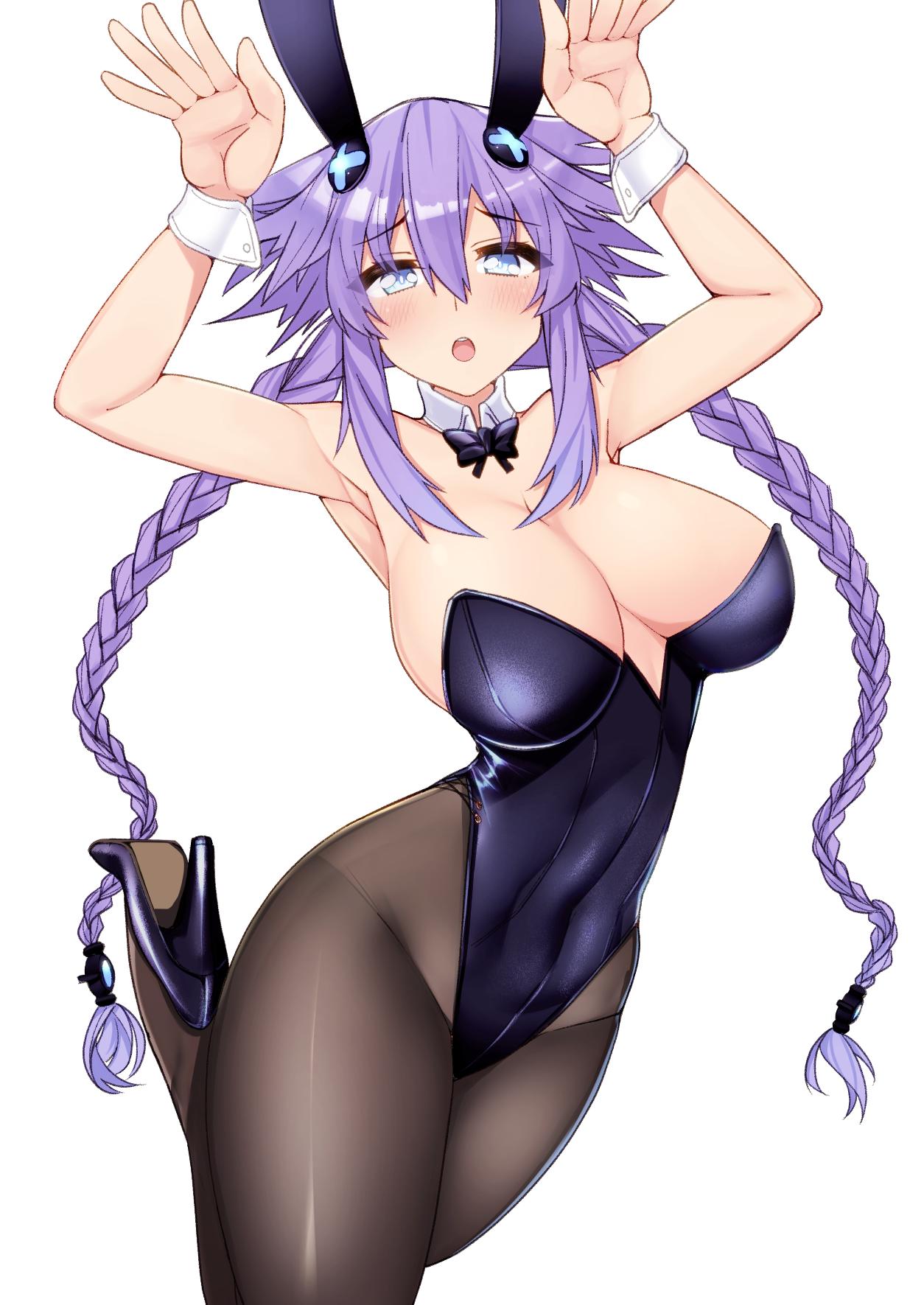 1girl, animal_ears, bare_shoulders, black_legwear, black_leotard, blue_eyes, blush, braid