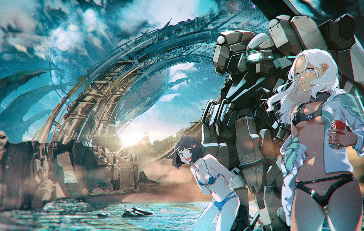 2girls, arms_behind_back, bare_shoulders, bikini, black_bikini, black_hair, blue_bikini, breasts, can, cliff, clouds, collarbone, dark_skin, doll_(xenoblade_x), elma_(xenoblade_x), holding, holding_can, hood, hoodie, landscape, lynlee_kuu, mecha, multiple_girls, night, nintendo, oblivia_(xenoblade_x), open_mouth, scenery, shioaji_(siolog), sky, small_breasts, soda_can, star_(sky), starry_sky, swimsuit, under_boob, unzipped, water, white_hair, xenoblade_(series), xenoblade_chronicles_x