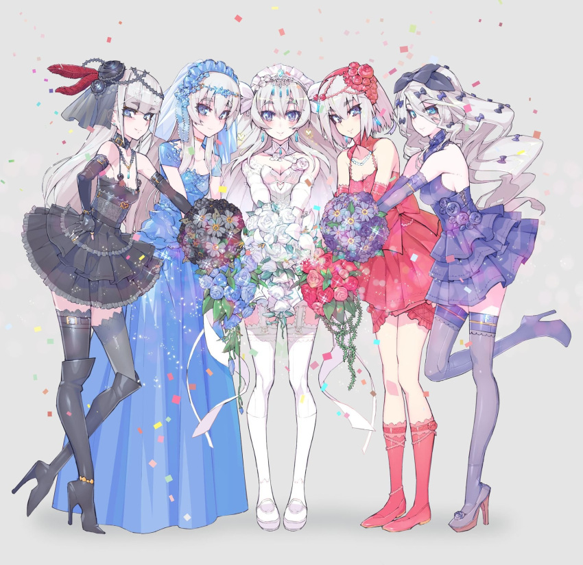 5girls, black_legwear, blue_dress, blue_eyes, boots, bouquet, bow, chaika_bogdan