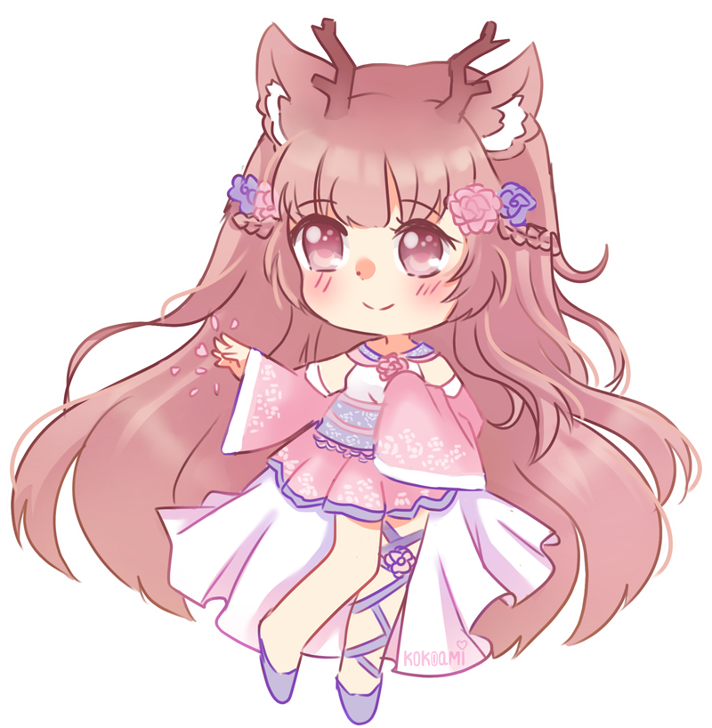 1girl, animal_ears, antlers, asymmetrical_legwear, blush, braid, brown_hair, chibi, deer_ears, deer_girl, flower, kemonomimi_mode, kimono, kokoami, long_hair, miyuki_(sinamuna), original, petals, pink_eyes, red_eyes, short_kimono, smile, solo, traditional_clothes