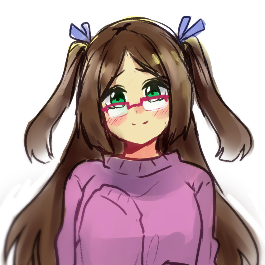 1girl, blush, brown_hair, glasses, gomiko-art, green_eyes, hair_ribbons, hand_to_chest