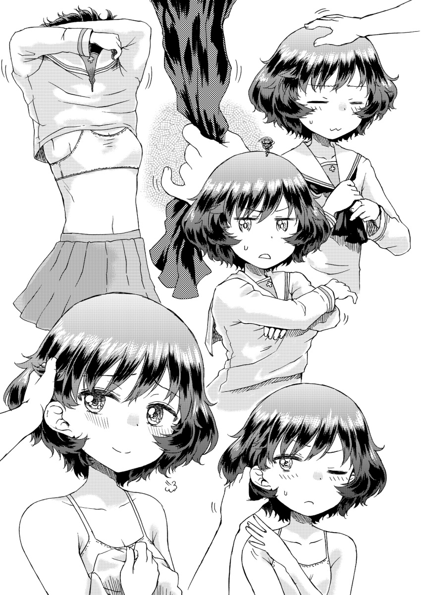 1girl, :3, =3, =_=, akiyama_yukari, black_neckwear, bra, d:, disembodied_hands, disembodied_limb, doujinshi, girls_und_panzer, hand_in_another's_hair, hand_on_another's_head, highres, hirota_masatane, long_sleeves, looking_at_viewer, messy_hair, miniskirt, monochrome, multiple_views, navel, neckerchief, one_eye_closed, ooarai_school_uniform, open_mouth, petting, pleated_skirt, scarf_pull, school_uniform, screentones, short_hair, skirt, stomach, underwear, undressing